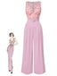 Combinaison ceinturée à col cœur motif roses rose des années 1960
