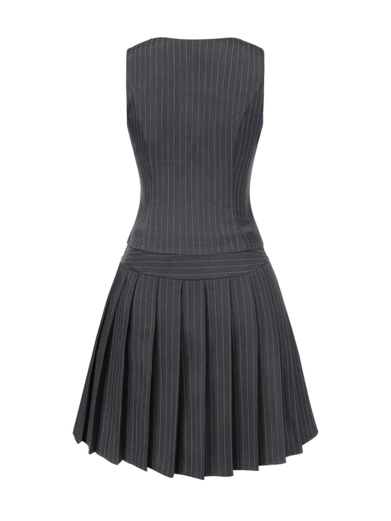 [Prévente] 2PCS Gilet à rayures fines vin rouge et jupe plissée des années 60