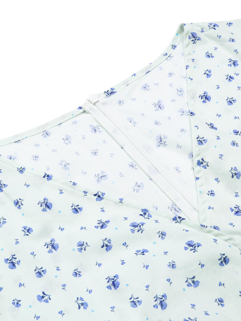 Robe blanche en coton fleurs avec ceinture des années 1940