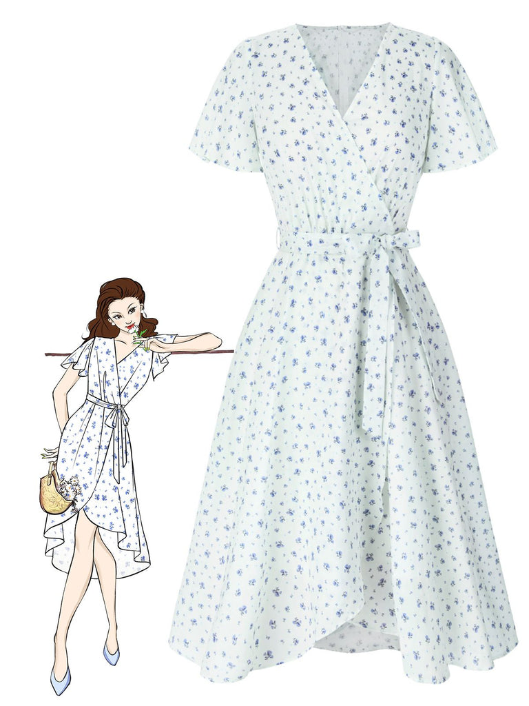 Robe blanche en coton fleurs avec ceinture des années 1940