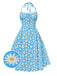 Robe dos nu marguerites bleue avec bordure en dentelle des années 1950
