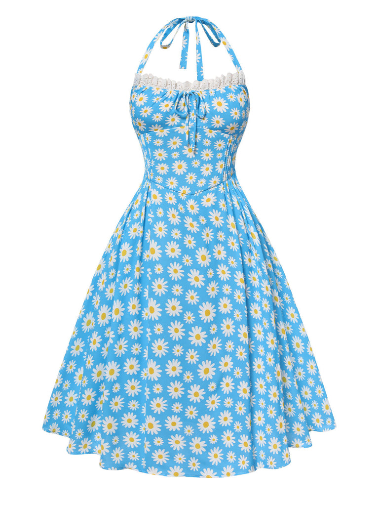 Robe dos nu marguerites bleue avec bordure en dentelle des années 1950