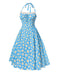 Robe dos nu marguerites bleue avec bordure en dentelle des années 1950