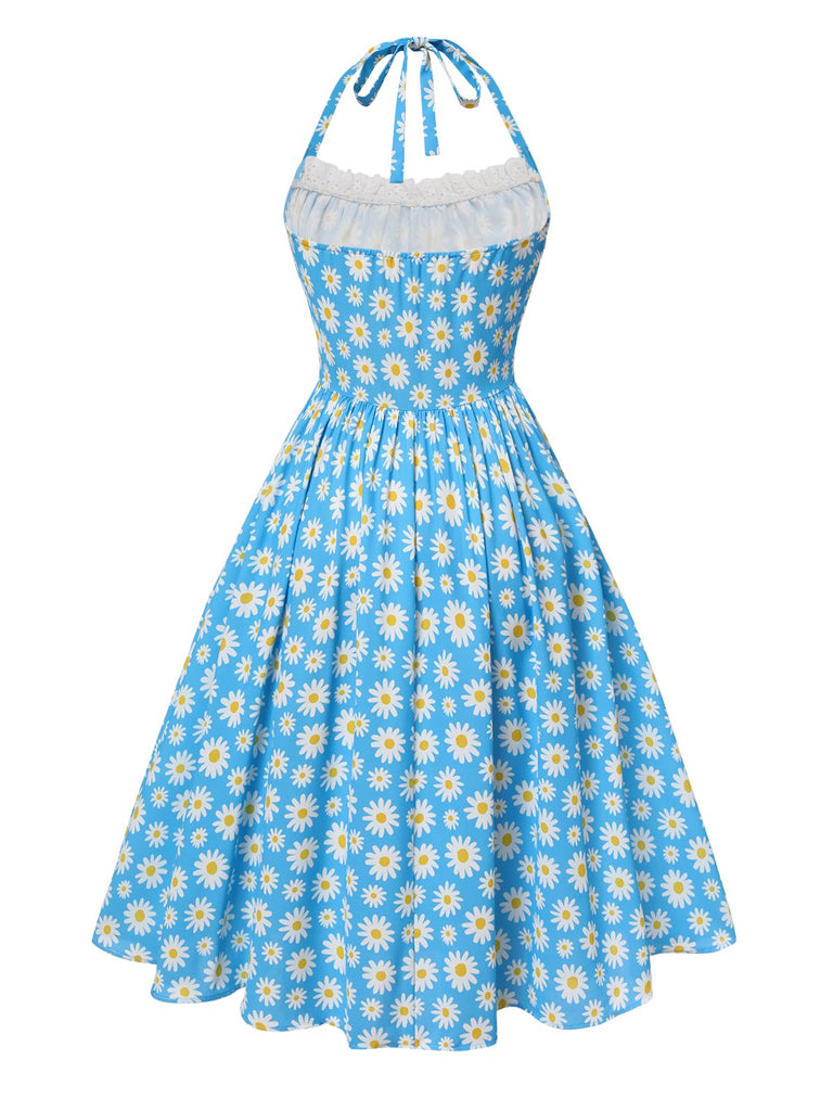 Robe dos nu marguerites bleue avec bordure en dentelle des années 1950