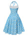 Robe dos nu marguerites bleue avec bordure en dentelle des années 1950