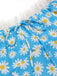 Robe dos nu marguerites bleue avec bordure en dentelle des années 1950