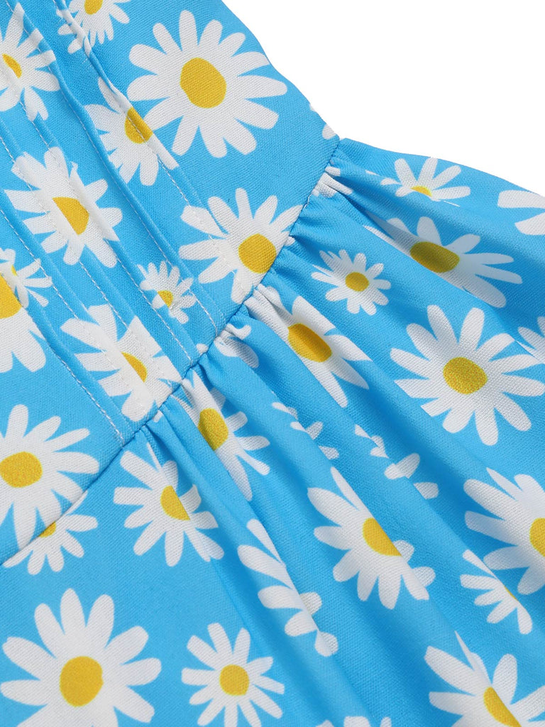 Robe dos nu marguerites bleue avec bordure en dentelle des années 1950