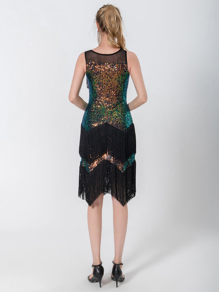 Robe années 1920 noire sans manches avec ourlet franges et perles