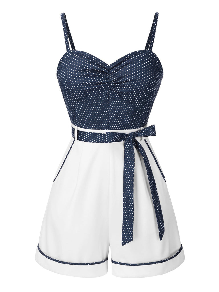 Combishort bleu à bretelles en patchwork à pois des années 1940