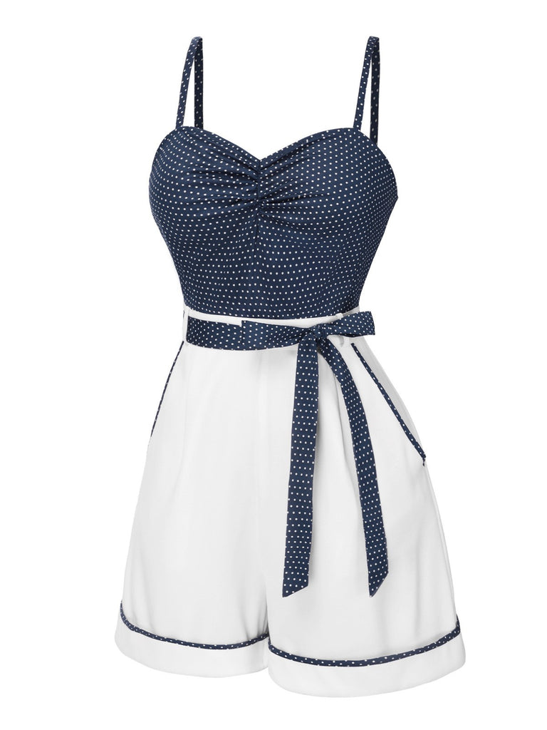 Combishort bleu à bretelles en patchwork à pois des années 1940