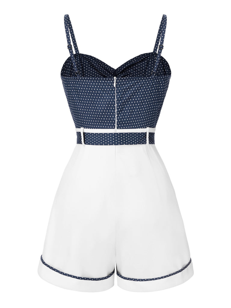 Combishort bleu à bretelles en patchwork à pois des années 1940