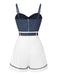 Combishort bleu à bretelles en patchwork à pois des années 1940