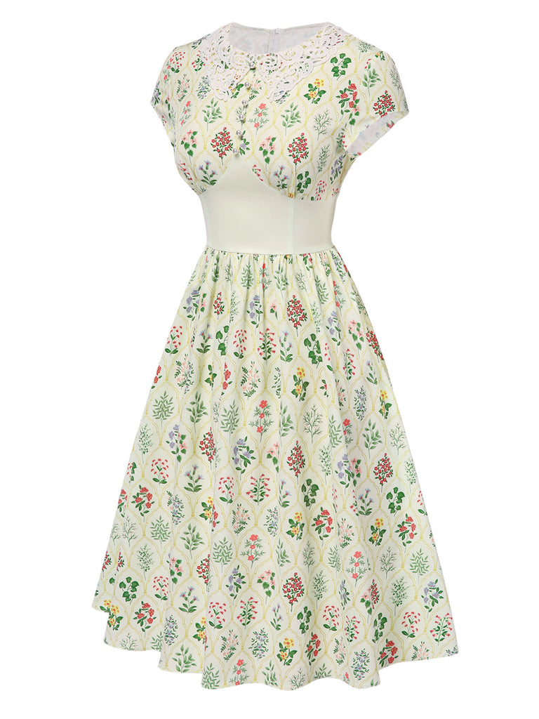 Robe beige col revers en dentelle florale des années 1940