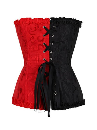 Corset à volants en jacquard colorblock gothique noir et rouge des années 1980