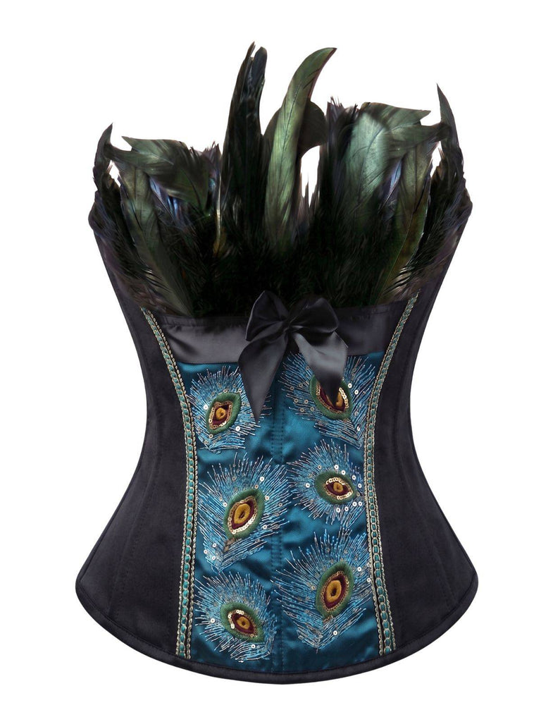 Corset noir brodé de motifs de plumes de paon années 1930