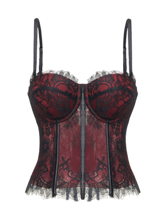 Haut corset gothique noir en dentelle à fines bretelles Années 1950 - 1