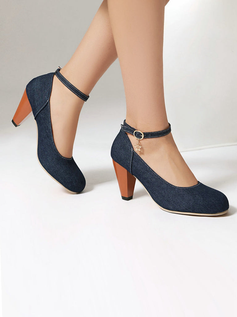 Mary Janes à boucle en jean et talons épais