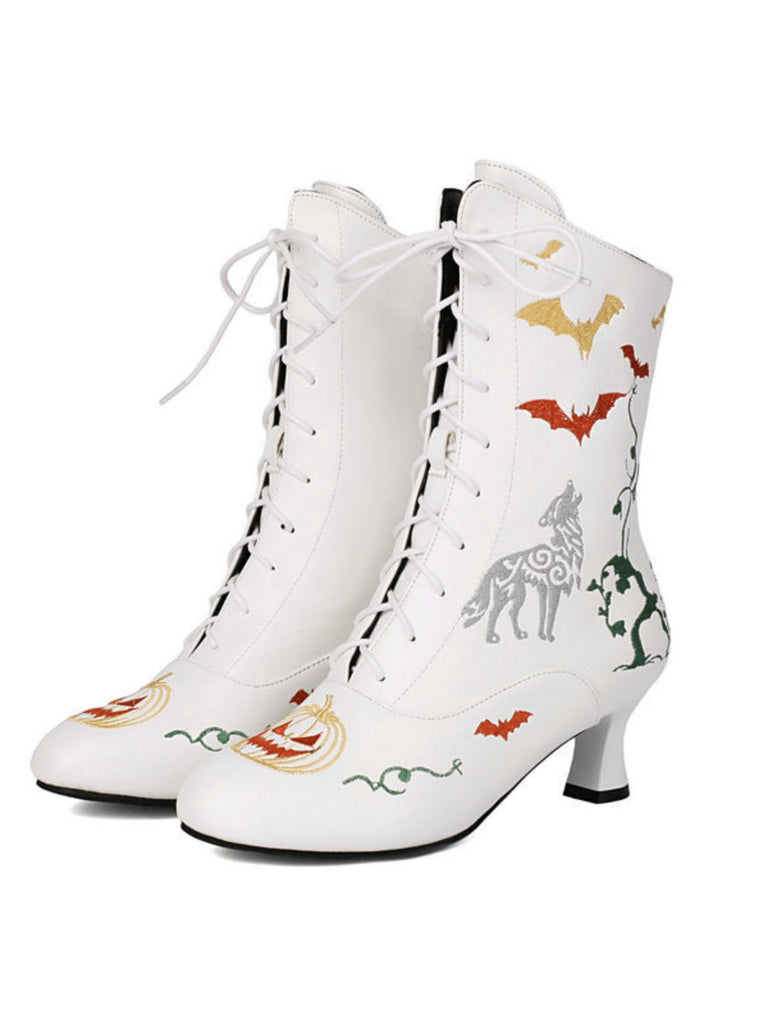 Bottes mi-mollet à lacets motif chauve-souris et citrouille d'Halloween
