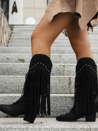 Bottes à talons hauts épais et pompons vintage