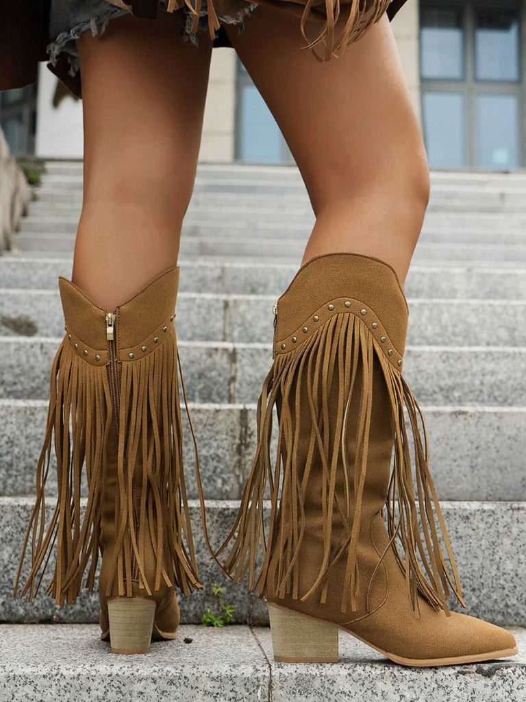 Bottes à talons hauts épais et pompons vintage