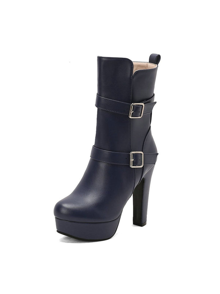 Bottes mi-mollet à talon compensé et bout rond en cuir synthétique