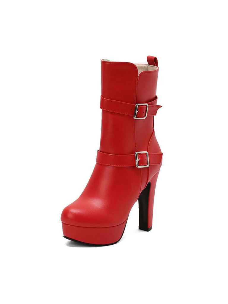 Bottes mi-mollet à talon compensé et bout rond en cuir synthétique
