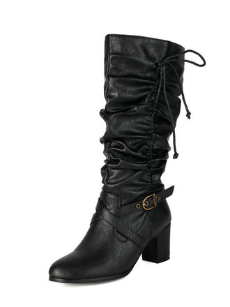 Bottes à talons épais froncés à boucle solide vintage