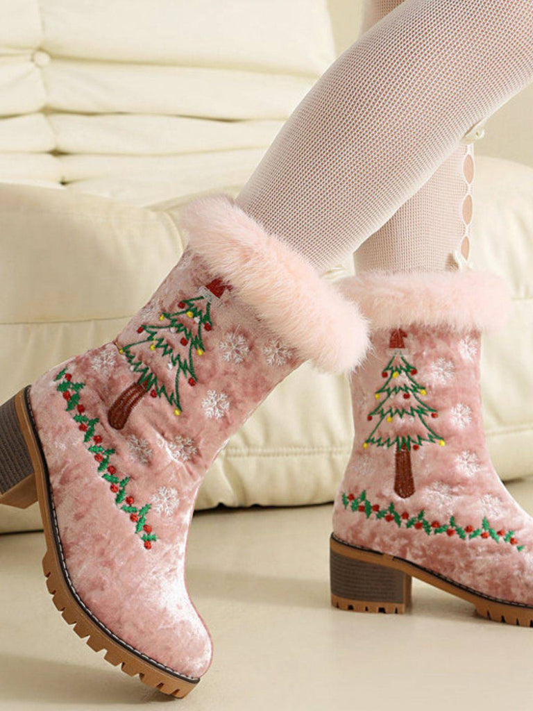 Bottes à talons épais en peluche Vintage Christmas Tree Snowflake
