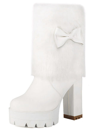 Bottes à talons épais en peluche avec nœud papillon vintage