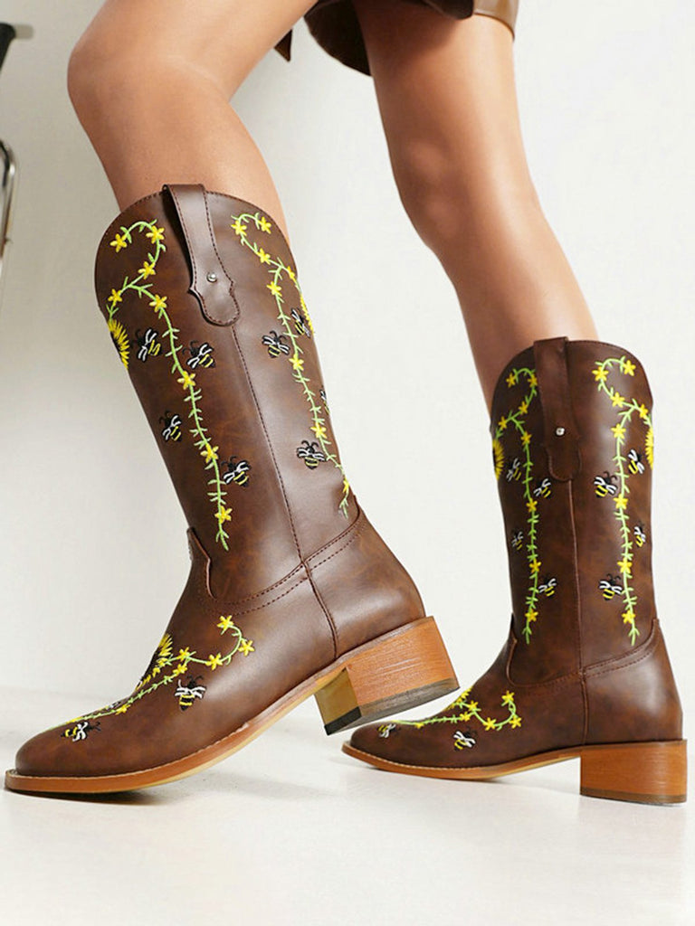 Bottes mi-mollet de style western à motif tournesol marron brodé