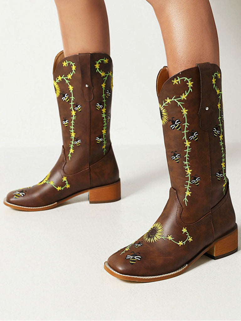 Bottes mi-mollet de style western à motif tournesol marron brodé