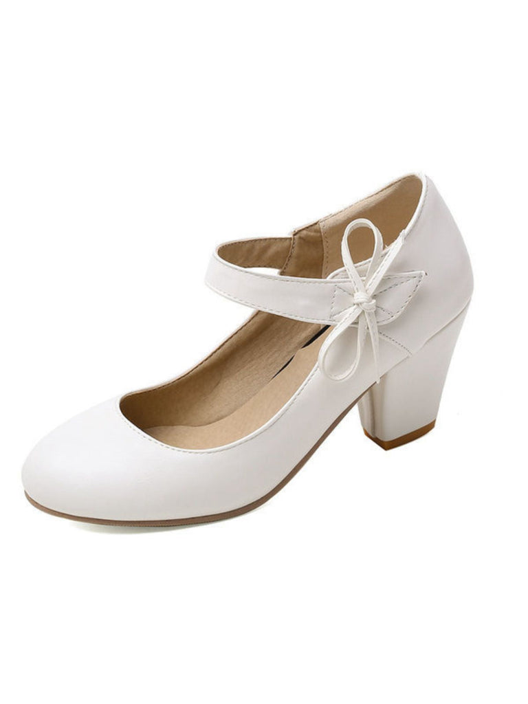 Escarpins rétro à bout rond et nœud papillon à talons épais