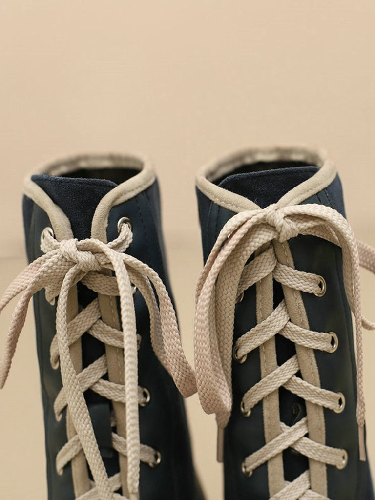 Bottes mi-mollet vintage à lacets en faux daim et cuir