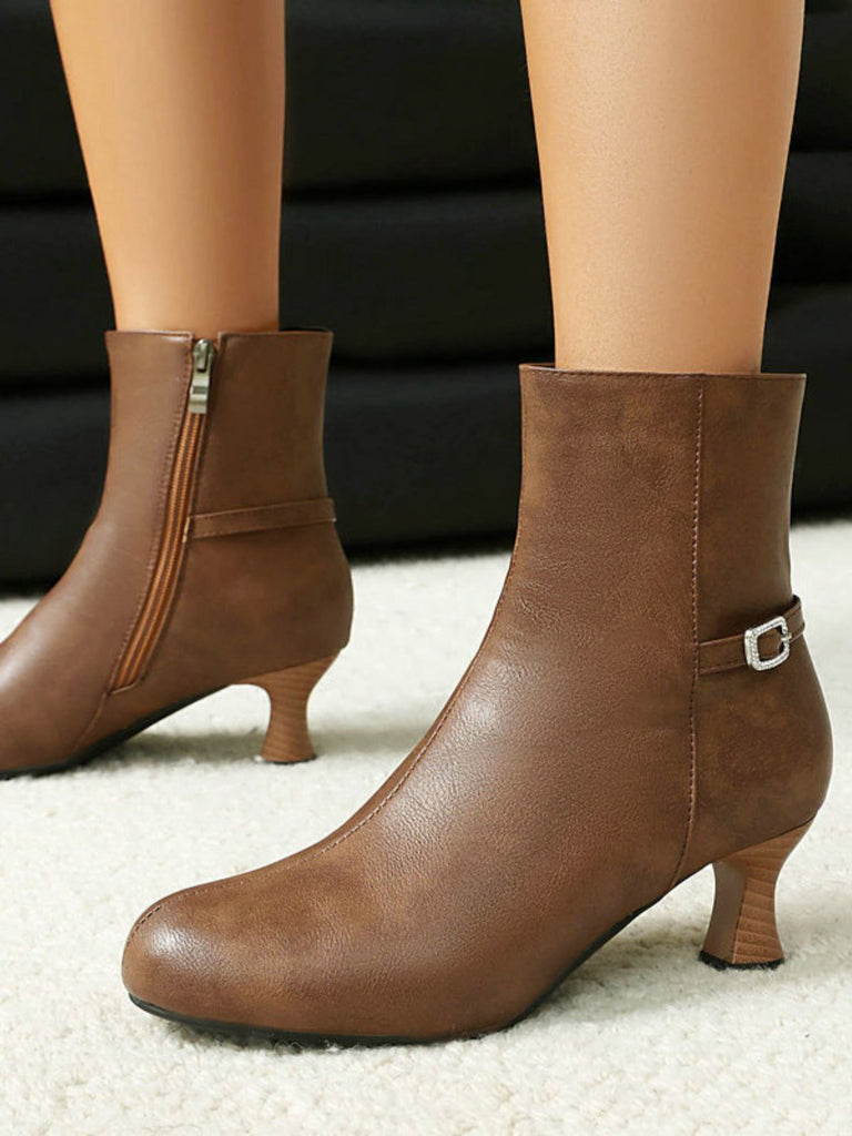 Bottines rétro en similicuir uni avec fermeture éclair latérale