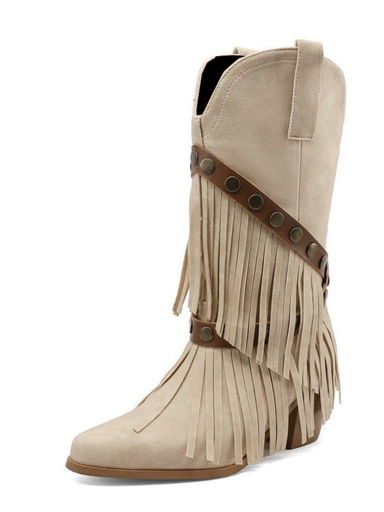 Bottes mi-mollet vintage denim western pompons