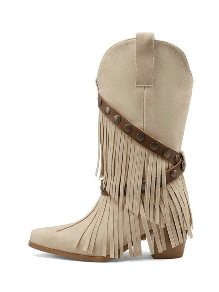 Bottes mi-mollet vintage denim western pompons