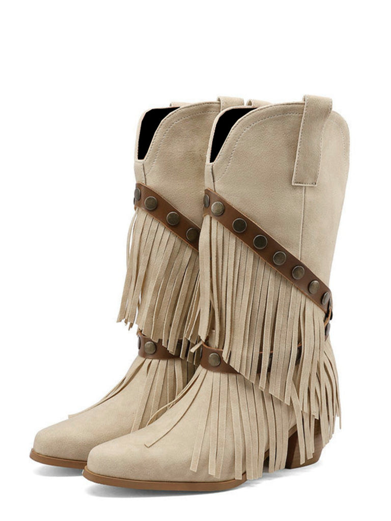 Bottes mi-mollet vintage denim western pompons