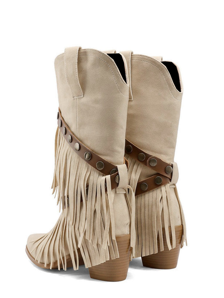 Bottes mi-mollet vintage denim western pompons