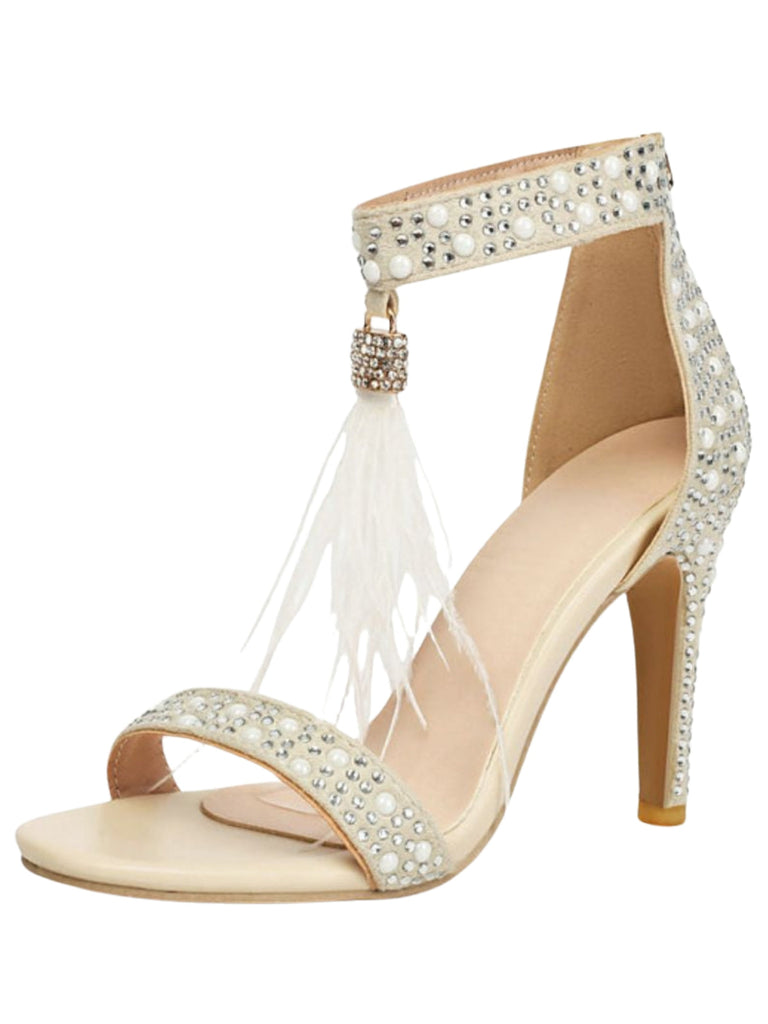 Shoes Strass Feather High Heel Wedding Shoes Beige