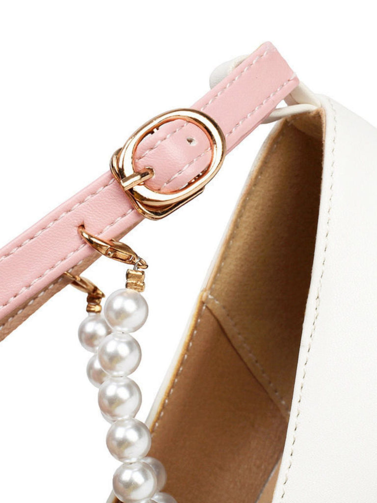 Chaussures à Talon Bloc Bride Cheville Perles Bicolore Nœud