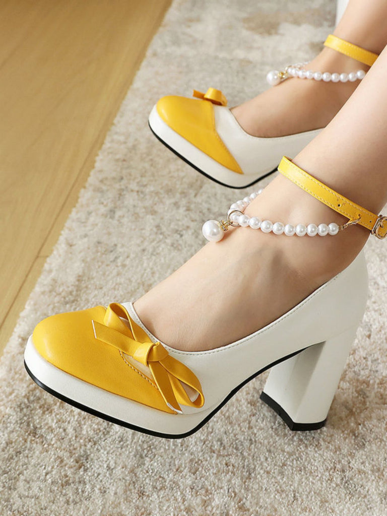 Chaussures à Talon Bloc Bride Cheville Perles Bicolore Nœud