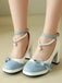 Chaussures à Talon Bloc Bride Cheville Perles Bicolore Nœud
