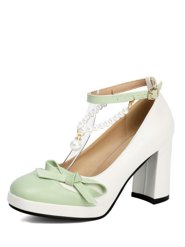 Chaussures à Talon Bloc Bride Cheville Perles Bicolore Nœud