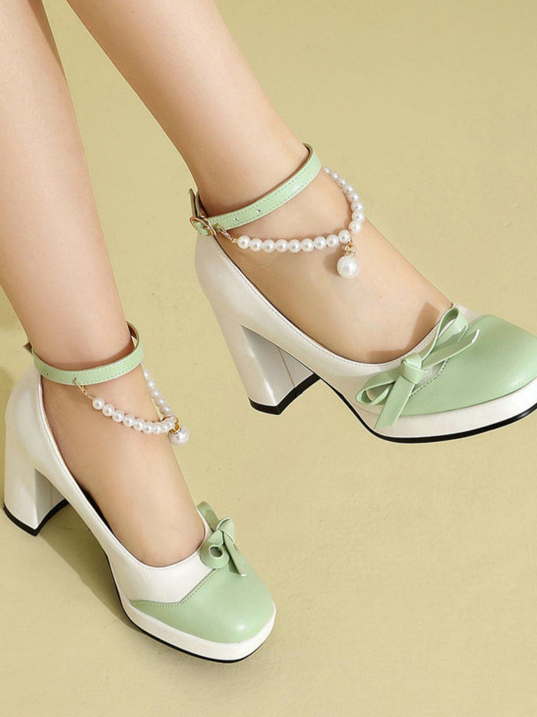 Chaussures à Talon Bloc Bride Cheville Perles Bicolore Nœud