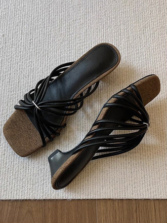 Sandales Mules à Talon Bloc Bout Carré Lanières Vintage