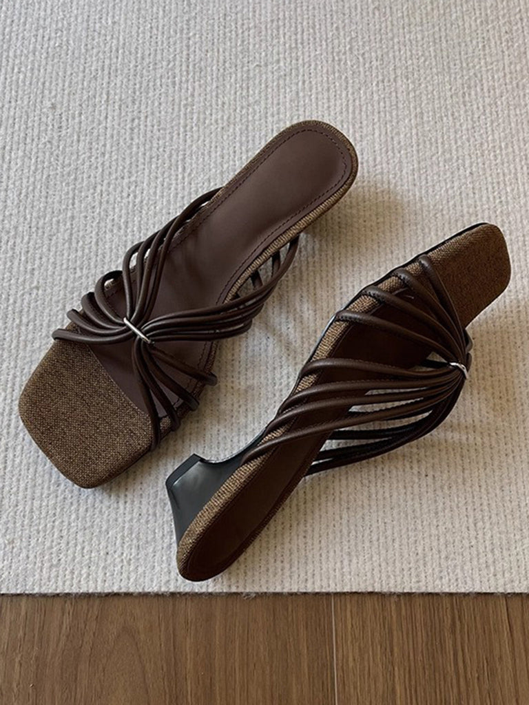 Sandales Mules à Talon Bloc Bout Carré Lanières Vintage