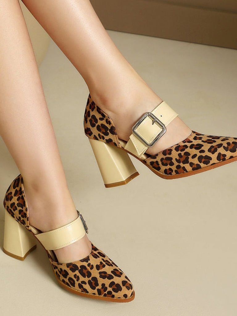 chaussures Léopard Buckle Strap Chunky High Heel Mary Jane Pumps