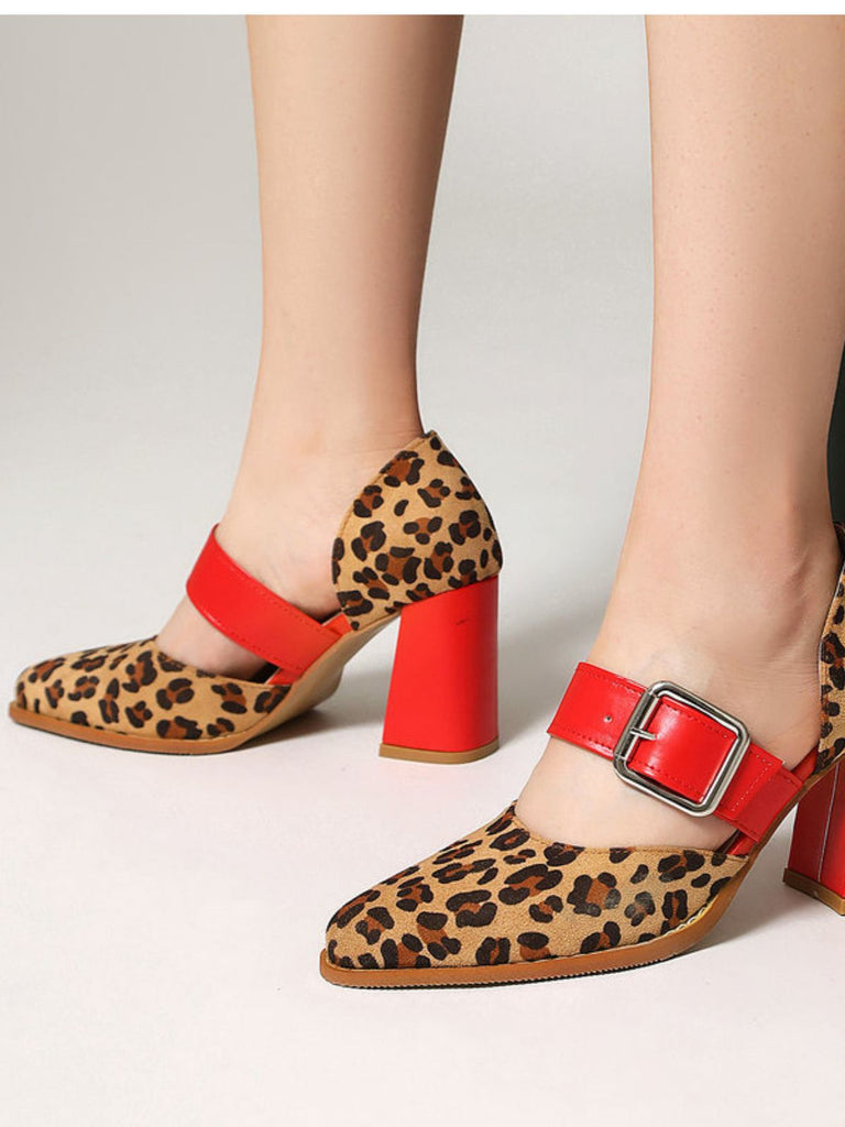 chaussures Léopard Buckle Strap Chunky High Heel Mary Jane Pumps