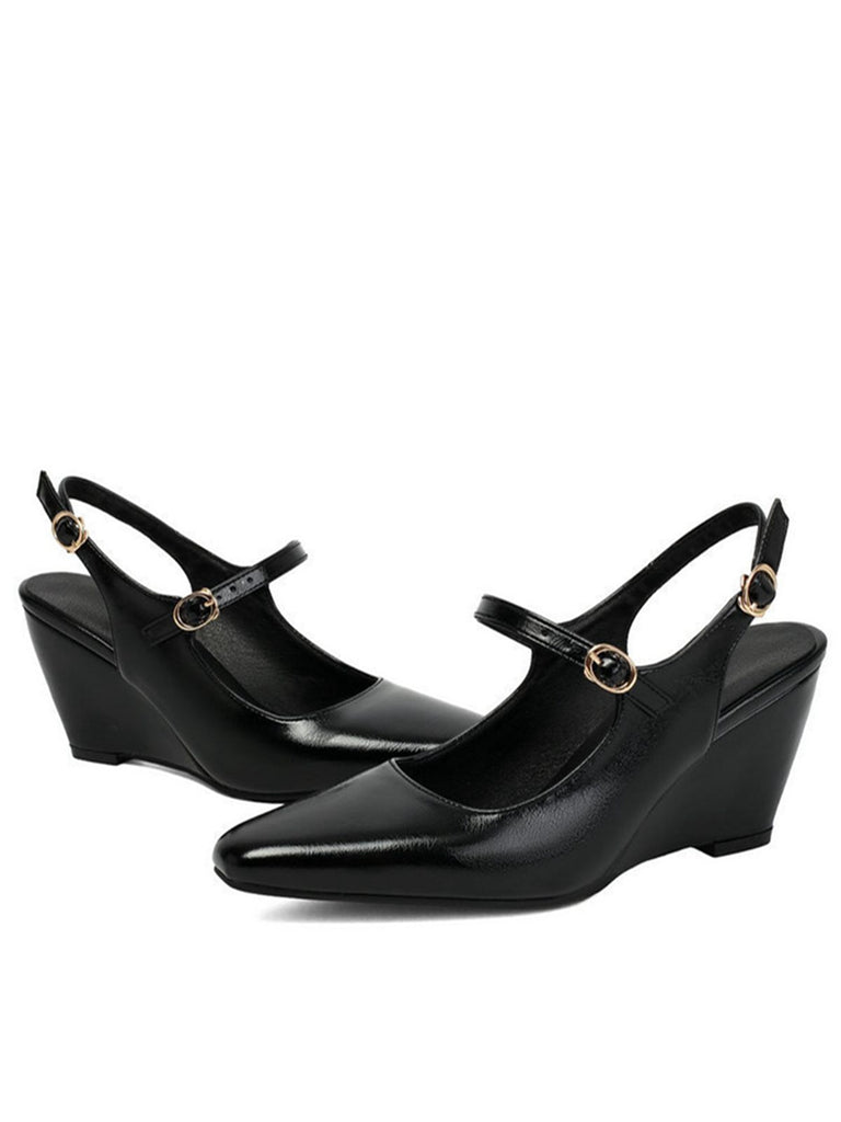 Chaussures Slingback Noires Mary Jane À Talon Compensé Bout Pointu