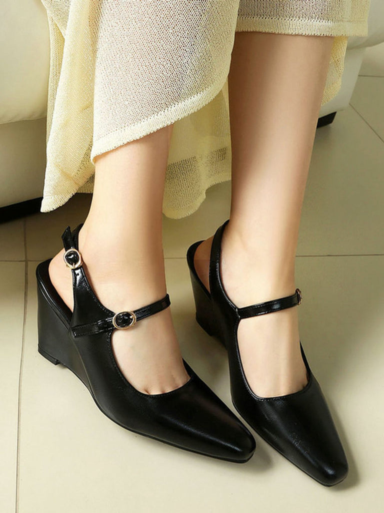 Chaussures Slingback Noires Mary Jane À Talon Compensé Bout Pointu